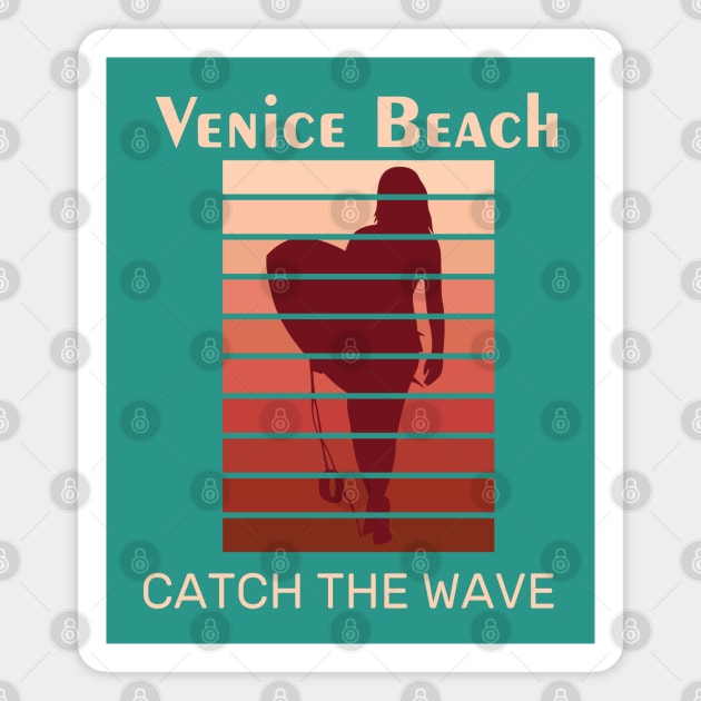 Venice Beach Catch The Wave Retro Sunset Graphic Design Magnet by AdrianaHolmesArt